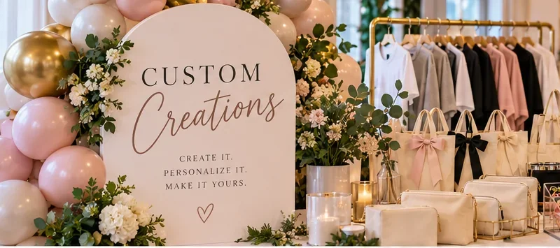 Custom Creations interactive party favor station concept with a Custom Creations sign, balloons, bow totes and cosmetic bags