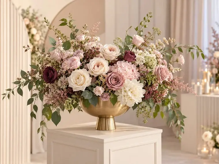 Design inspiration for a large floral arrangement in a gold pedestal vase