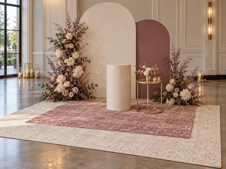 Design inspiration for a layered event rug setup with floral accents and arch backdrops