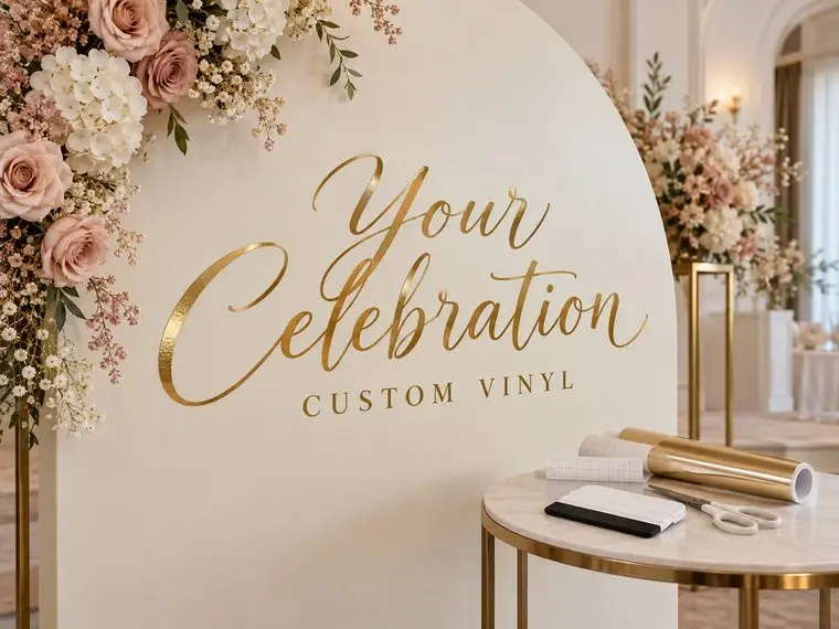 Design inspiration for custom gold vinyl lettering reading Your Celebration on an arched backdrop