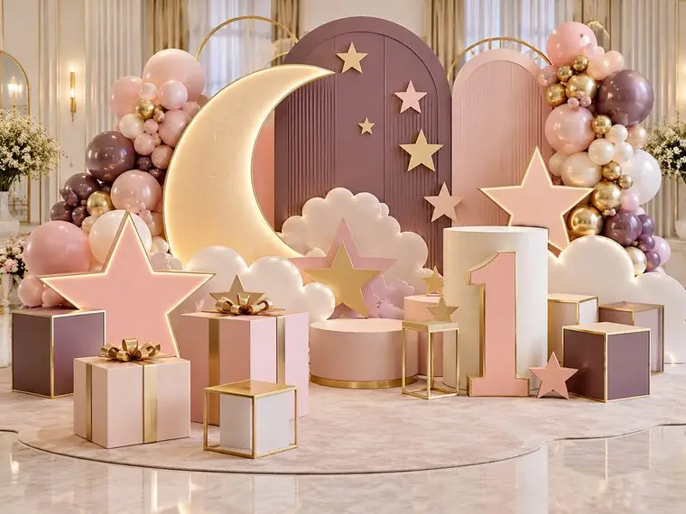 Design inspiration for themed first-birthday props with stars, a moon, and balloon garlands