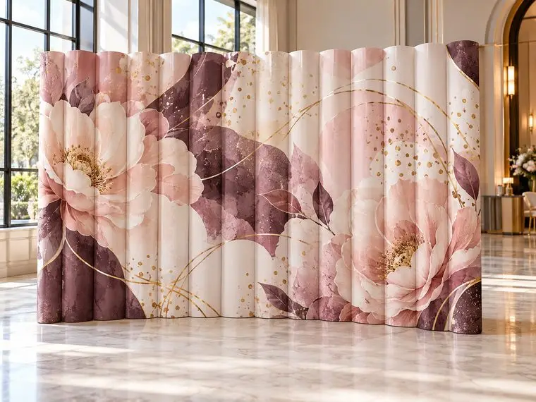Illustrative concept image of a customized accordion wall with a pink floral graphic