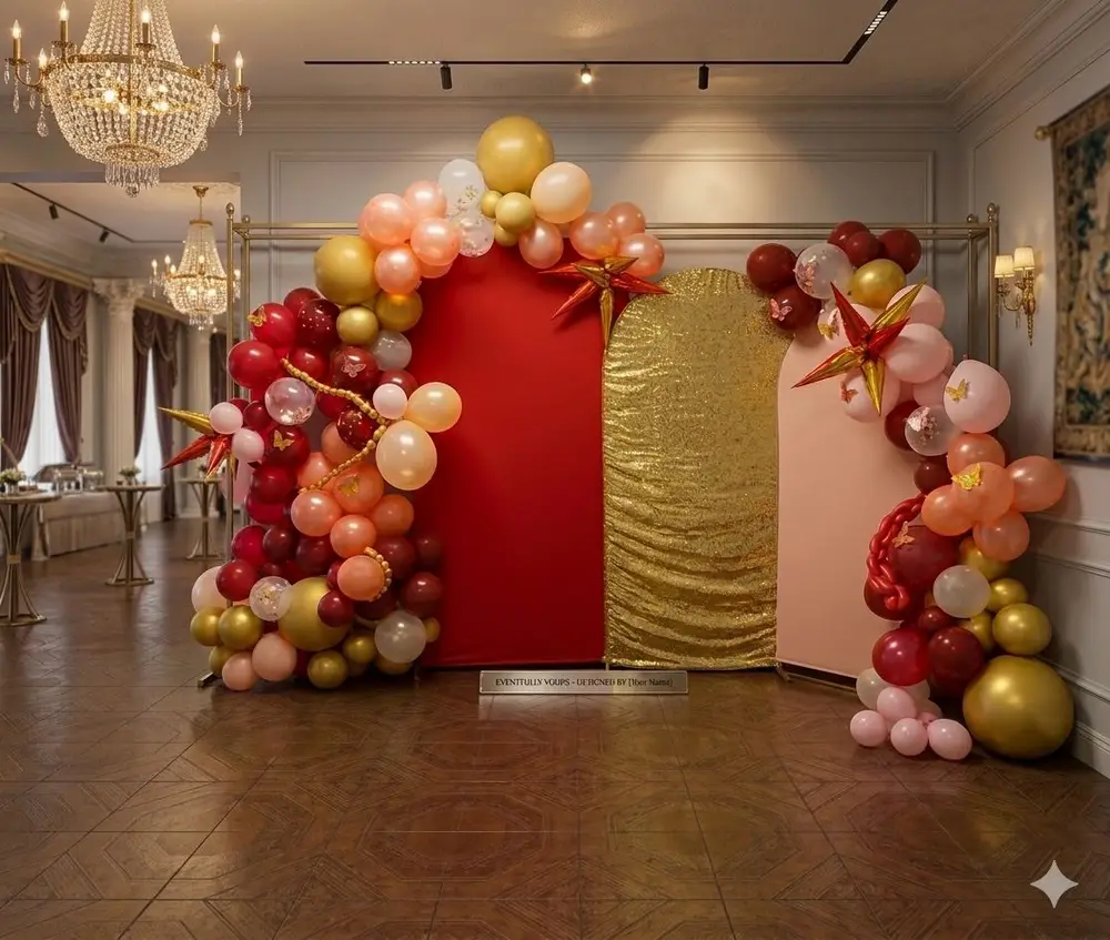 Luxury pink red and gold backdrop setup