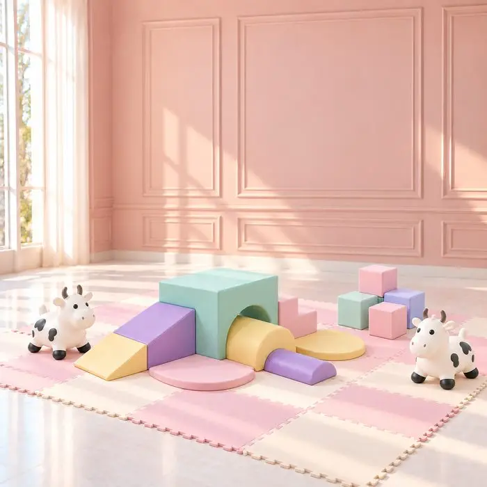 Pastel foam climbing set, crawl tunnel, blocks, play mats, and cow hopper toys with no bounce house