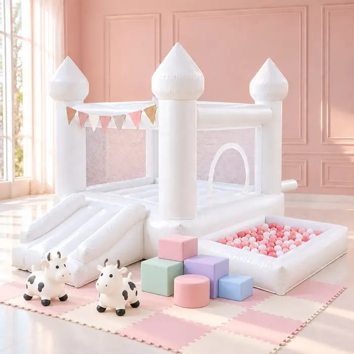 White bounce house with ball pit next to pastel foam blocks and cow hopper toys